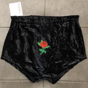 NWT Black Velvet Shorts with Embroidered Rose Patch